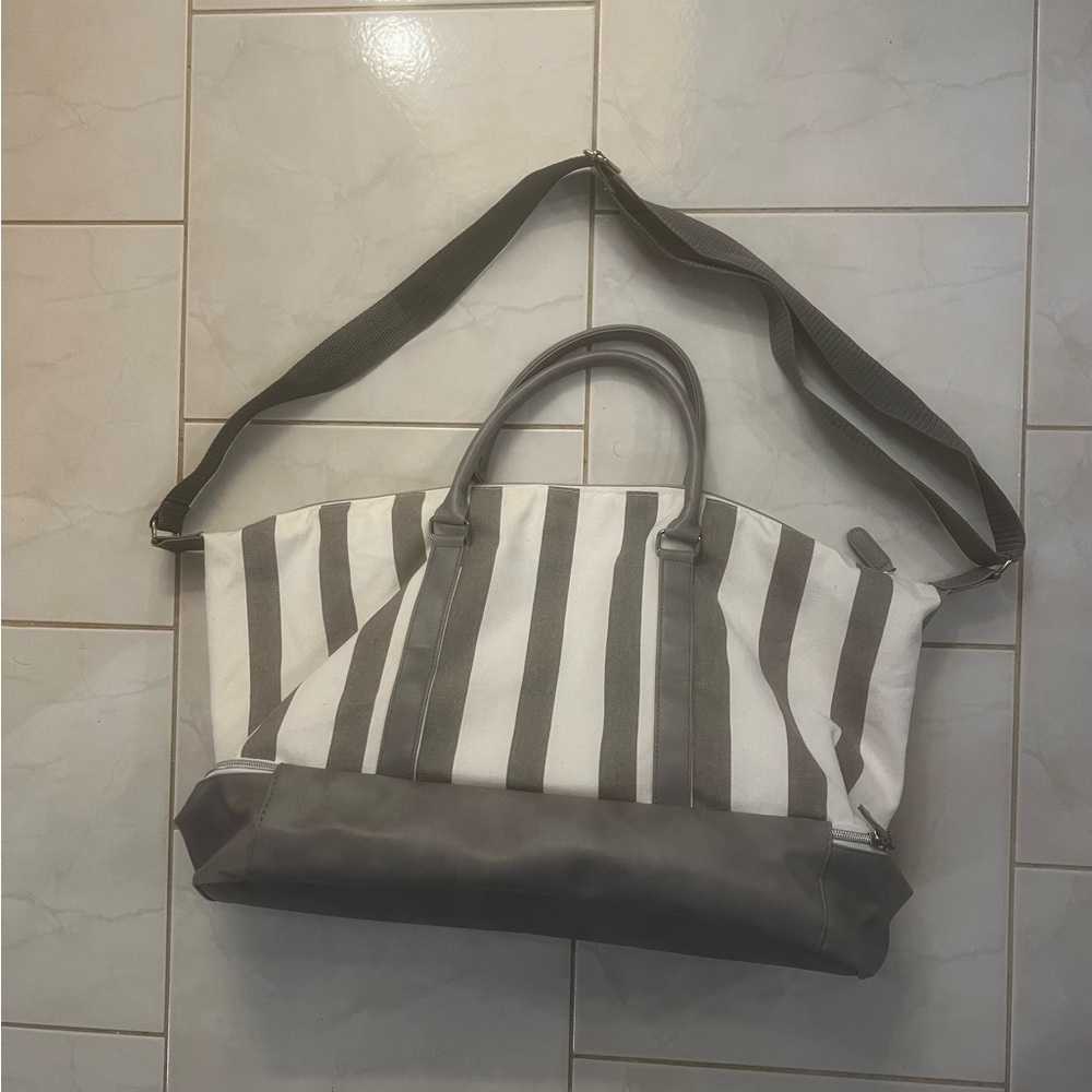 Women’s Gray and White Striped Duffel Bag